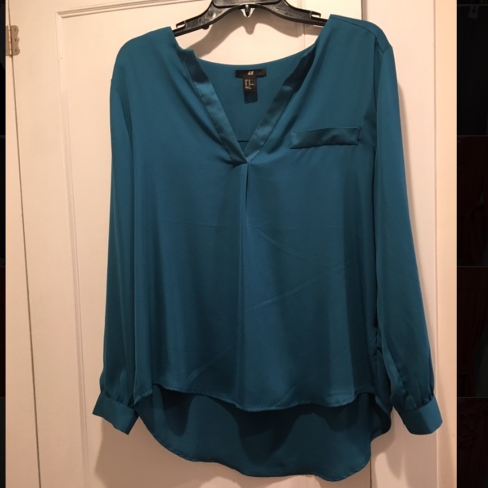 Teal H&M silky long sleeve blouse with button cuff